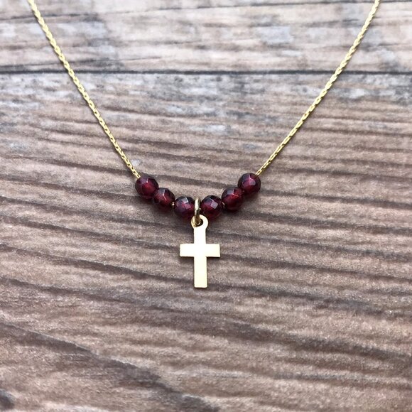 Beaded Cross necklace, gold, Easter gift, Christian gift, minimalist, gemstone, - Picture 5 of 6